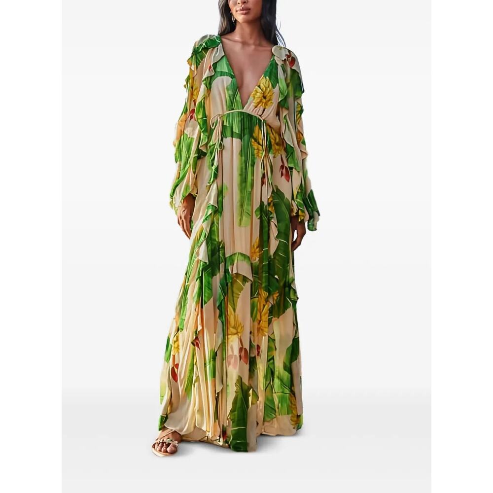 FARM Rio Women's Ruffled Banana-Print Maxi Dress Green/Beige Size XL NWT - Picture 4 of 14